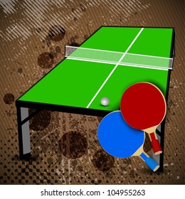 Two table tennis or ping pong rackets and ball on a green table with net, shallow focus on rackets on grungy brown background. EPS 10.