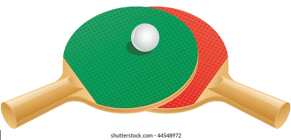 Two table tennis (ping pong) paddles and ball.