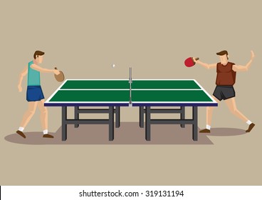 Two table tennis players playing ping pong and table tennis table. Vector illustration of men's singles table tennis game in side view isolated on plain background.
