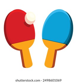 Two table tennis rackets with ball flying over red racket, ready for a match on a white background