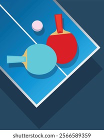 Two table tennis rackets. Ping pong table vector illustration. Ping pong tournament poster