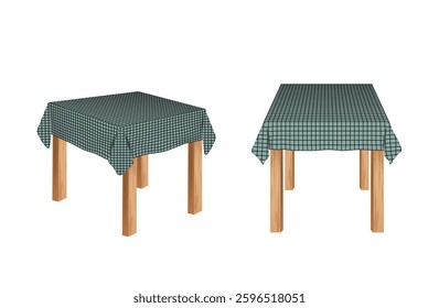 Two tables with blue checkered tablecloth, front and side view, vector