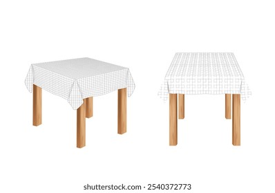Two tables with white tablecloth, front and side view, vector