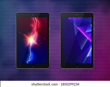 Two tablet black color with abstract neon geometric and lightning bolt touch screen and flare isolated on wall background. Realistic and detailed device. Stock vector illustration.