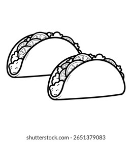 Duas páginas de cores de tacos para crianças. Ilustração em contorno preto e branco da comida mexicana. Planilha de atividades para impressão simples e divertida para projetos criativos com temática de alimentos.