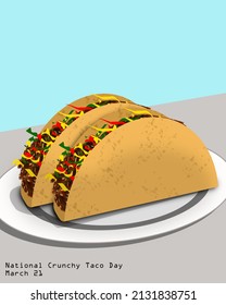 Two tacos filled with meat served on a white plate on table, National Crunchy Taco Day March 21