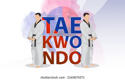 Zwei Taekwondo-Kampfsportler stehen in einer Kampfposition. Abstrakter Sporthintergrund.