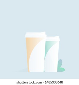 Two take away tall paper cups and green leaf. Coffee shop beverage.Cup with white plastic lid.Fast food cafe element.