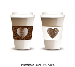 Two takeaway coffee cups with beans and hearts. Love Coffee concept. EPS10 vector format.