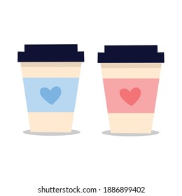 Zwei mitgenommene Kaffeetassen mit Herz. Flache Vektorgrafik
