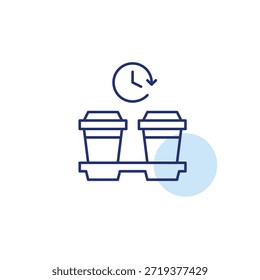 Dos tazas para llevar en un soporte y reloj. Pausa para el café y café en el lugar de trabajo. Icono de Vector de trazo perfecto y editable