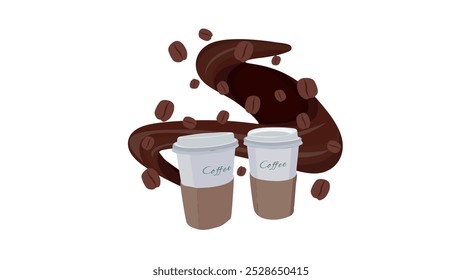 Two takeaway paper coffee cups and coffee splash with Coffee Bean falling in background. vector illustration. 