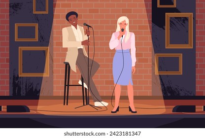 Two talent artists standing on theater stage in spotlight with brick wall, people holding microphones for jokes contest cartoon vector illustration Man and woman on stage