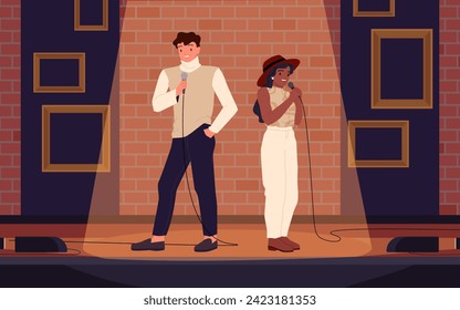 Two talent artists standing on theater stage in spotlight with brick wall, people holding microphones for jokes contest cartoon vector illustration. Comedy standup show with male and female comedians