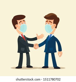 Two talking man in medical masks on face. Airways protection. Medical mask required. Viral disease epidemic at work. Vector illustration, flat cartoon style. Isolated background. Side view.