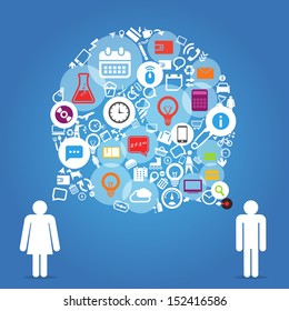 Two talking people with abstract speech cloud of different icons
