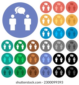 Two talking persons with oval bubbles solid multi colored flat icons on round backgrounds. Included white, light and dark icon variations for hover and active status effects, and bonus shades.