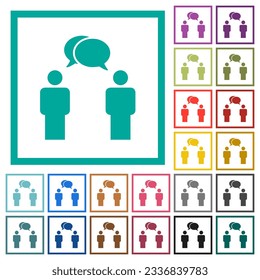 Two talking persons with oval bubbles solid flat color icons with quadrant frames on white background