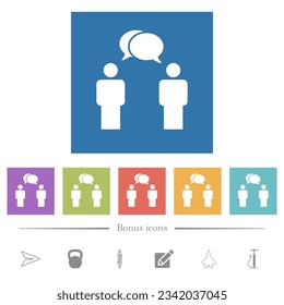 Two talking persons with oval bubbles solid flat white icons in square backgrounds. 6 bonus icons included.