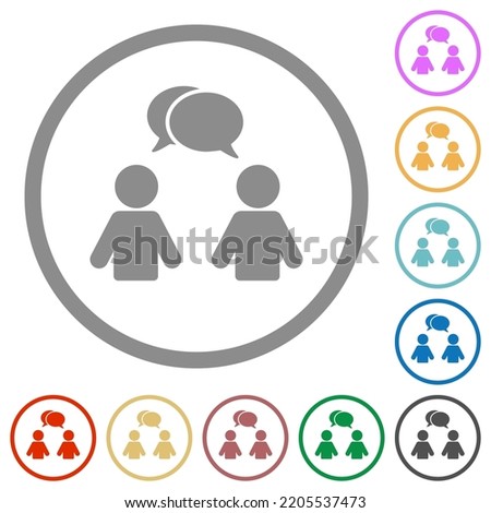 Two talking persons with oval bubbles solid flat color icons in round outlines on white background