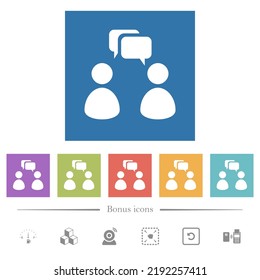 Two talking persons with rounded square bubbles solid flat white icons in square backgrounds. 6 bonus icons included.
