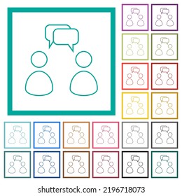 Two talking persons with rounded square bubbles outline flat color icons with quadrant frames on white background
