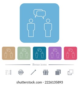 Two talking persons with rounded square bubbles outline white flat icons on color rounded square backgrounds. 6 bonus icons included
