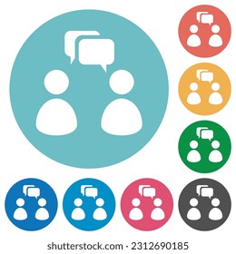Two talking persons with rounded square bubbles solid flat white icons on round color backgrounds
