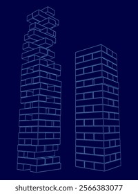 Two tall buildings made of blocks are shown in blue. The buildings are stacked on top of each other, with the top one being taller than the bottom one. The image has a futuristic and modern feel to it