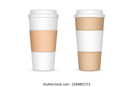 Two Tall Coffee Cups With Sleeve, Isolated on White Background, Front View. Vector Illustration