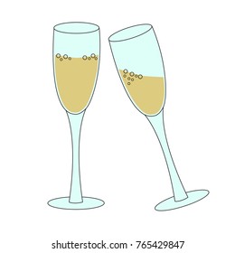 two tall glasses of sparkling wine champagne bubbly - concept of new year eve toast or celebration, simple vector illustration