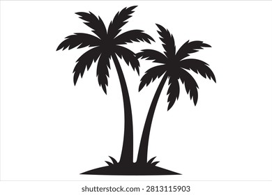 Two tall palm trees silhouette standing together isolated on white background