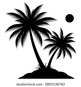 Two tall palm trees stand together on a small tropical island under a bright sun in this high contrast black and white graphic illustration that captures a peaceful summer mood.