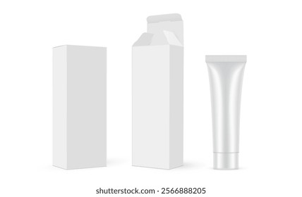 Two Tall Paper Boxes With Opened And Closed Lid, Plastic Cosmetic Tube, Front, Side View. Vector Illustration