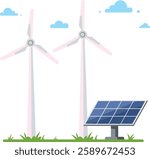 Two tall wind turbines and a solar panel stand in a grassy field, symbolizing renewable energy with a clear blue sky in the background.