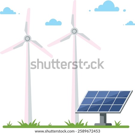 Two tall wind turbines and a solar panel stand in a grassy field, symbolizing renewable energy with a clear blue sky in the background.