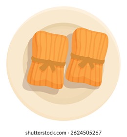 Two tamales wrapped in corn husk resting on a plate