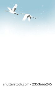 Two tancho cranes flying in the winter sky, Vector illustration