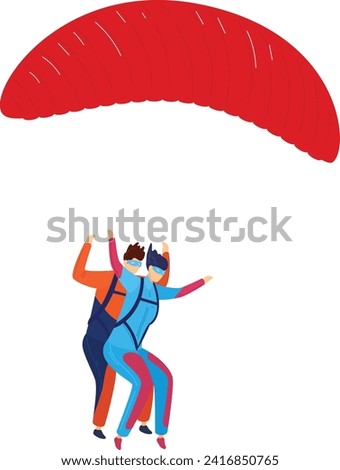 Two tandem skydivers in freefall with red parachute. Adrenaline rush, extreme sports, and skydiving adventure vector illustration.