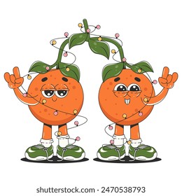 Two tangerines on a branch. Cartoon character in trendy groovy style. Merry Christmas and Happy New Year celebration. Isolated vector Illustration.