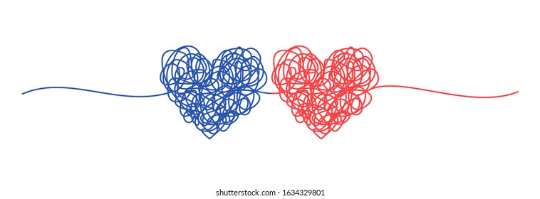 Two tangled hearts pink and blue hand drawn scribble with thin line, divider shape. Isolated on white background. Vector illustration