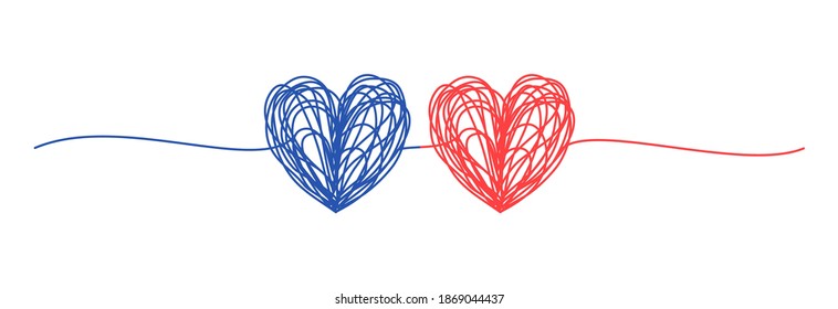 Two tangled hearts pink and blue hand drawn scribble with thin line, divider shape. Isolated on white background. Vector illustration