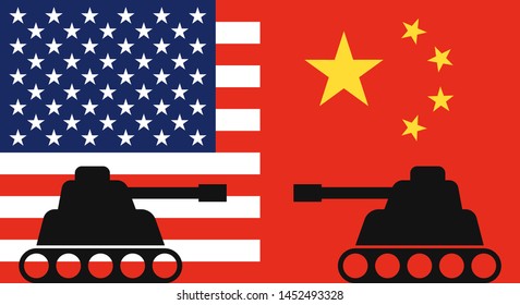 Two tank silhouette facing each other with background of China flag and United states flag