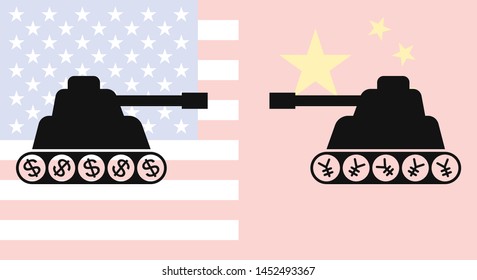 Two tank silhouette facing each other with background of China flag and United states flag