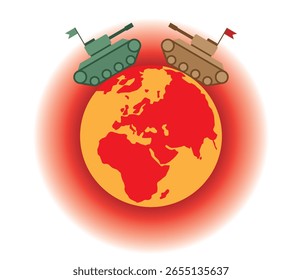 Dos tanques apuntan el uno al otro en un planeta Tierra al rojo vivo, lo que representa el concepto de tensiones globales en aumento, carreras de armas y la amenaza inminente de guerra