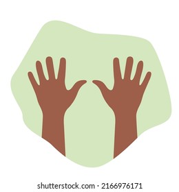 Two tanned flat hands silhouettes. Right and left brown human hands. Open palms are raised up. Details of human body. Fives with spread fingers. Abstract spot as background. Vector illustration