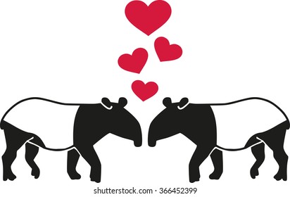 Two tapirs in love with hearts
