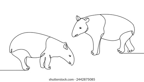 Two tapirs are standing next to each other. Herbivores with a small trunk. Forest animals. World Tapir Day. Vector illustration for different uses.