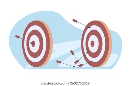 Two targets with arrows. Arrow hit center of target, arrows missed target. Metaphor of success, goal-setting, achievements, vector flat concept