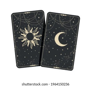 Two tarot cards with moon and stars, boho illustration for astrology, tattoos, fortune telling. Flat linear hand drawn illustration in vintage design isolated on white background. The concept of